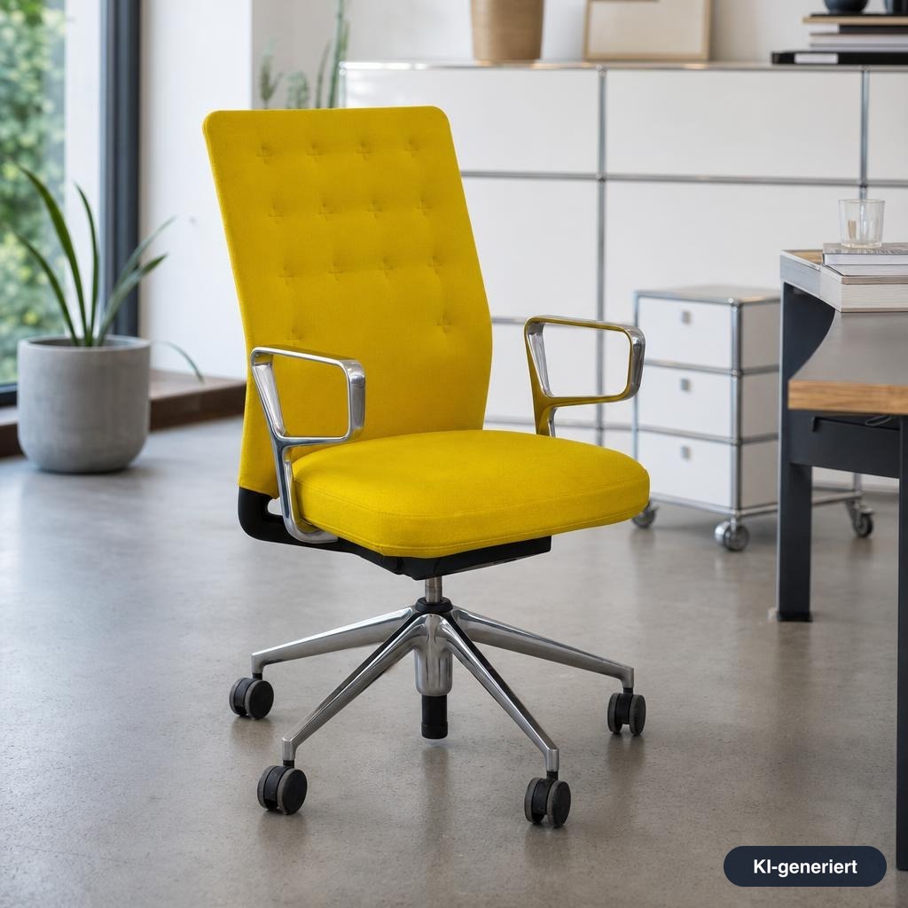Vitra ID Trim Bürostuhl in Gelb mit Stoffbezug, poliertem Aluminiumgestell, Ringarmlehnen und Rollen.