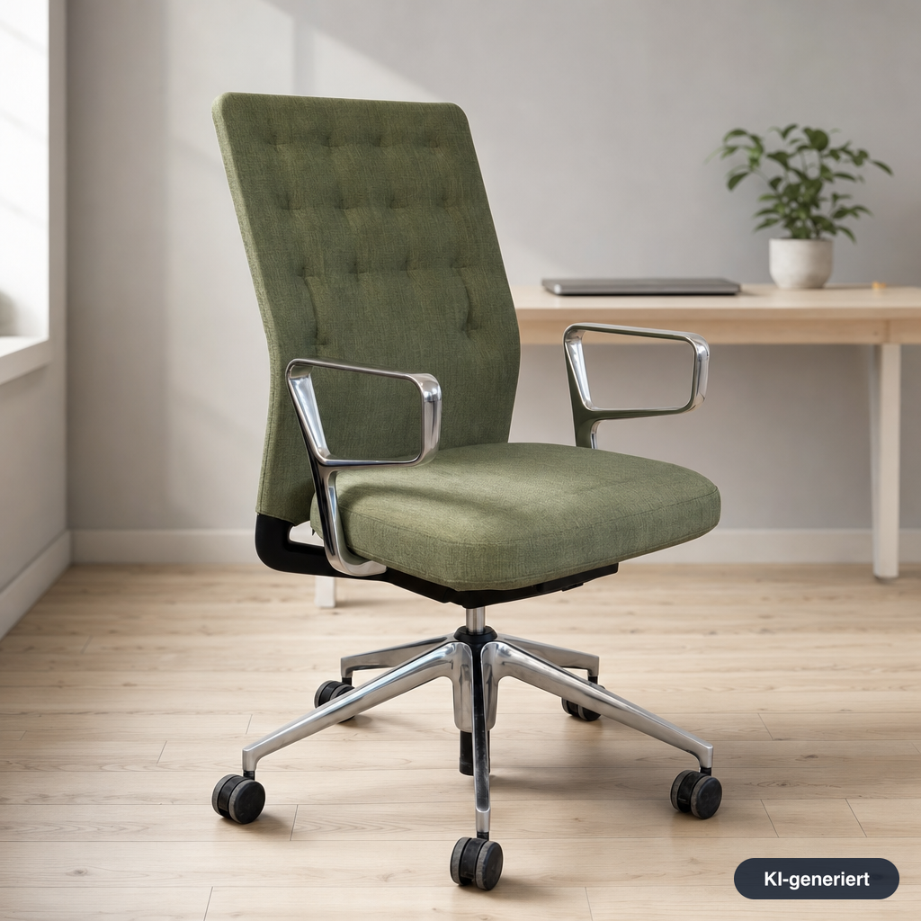 Vitra ID Trim Bürostuhl in grünem Stoff mit poliertem Aluminiumgestell, Ringarmlehnen und Rollen.