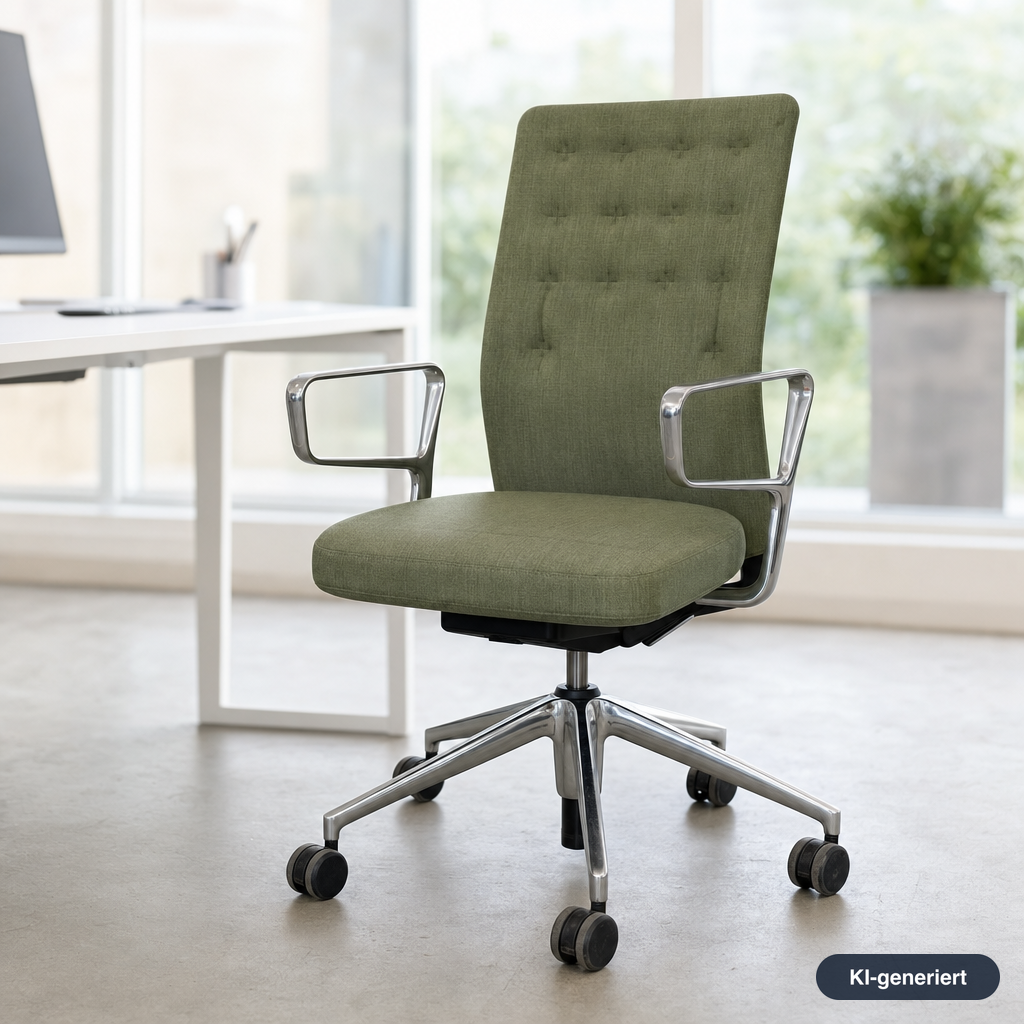 Vitra ID Trim Bürostuhl in grünem Stoff mit poliertem Aluminiumgestell, Ringarmlehnen und Rollen.