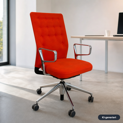 Vitra ID Trim Bürostuhl in Orange-Rot mit poliertem Aluminiumgestell, Ringarmlehnen und Rollen.