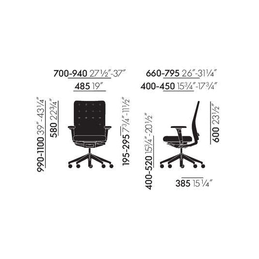Technische Zeichnung des Vitra ID Trim Bürostuhls in Grau/Braun mit Maßen und 3D-Armlehnen.