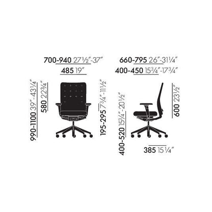 Technische Zeichnung des Vitra ID Trim Bürostuhls in Grau/Braun mit Maßen und 3D-Armlehnen.