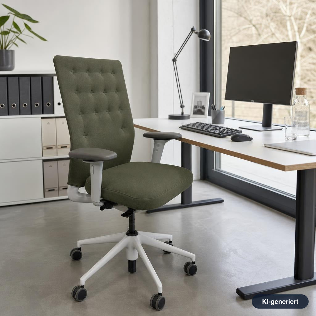 Vitra ID Trim Bürostuhl in Olive mit Stoffbezug, poliertem Aluminiumgestell und verstellbaren 3D-Armlehnen im modernen Büro.