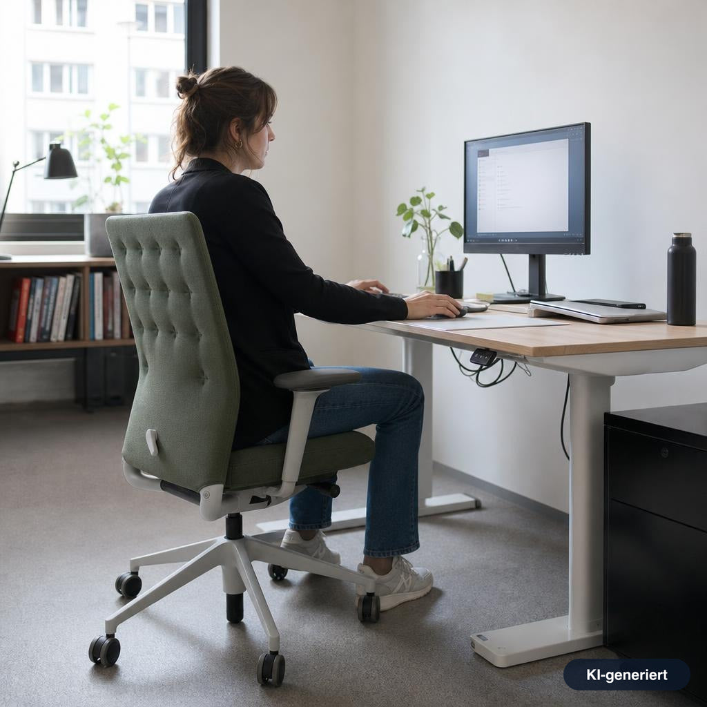 Vitra ID Trim Bürostuhl in Olive mit gesteppter Rückenlehne, poliertem Aluminiumgestell und verstellbaren 3D-Armlehnen am Schreibtisch.