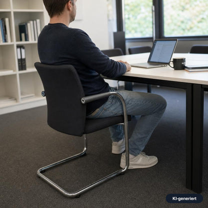 Vitra ID Visitor Soft Stuhl in Dunkelgrau mit verchromtem Freischwinger-Gestell an einem Bürotisch.