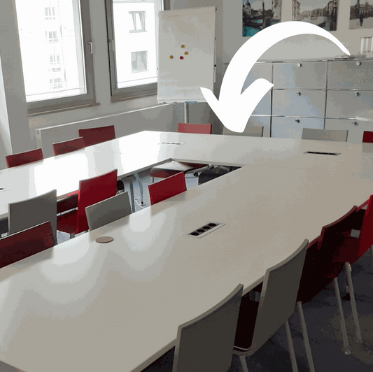 Vitra Konferenztisch white conference table 268x100cm with 2 power outlets in modern office setting