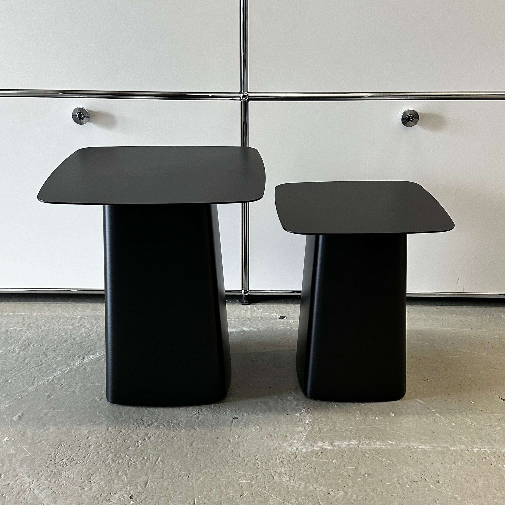 Vitra Metal Side Tables in matte black metal, sizes M and S, modern indoor and outdoor side tables