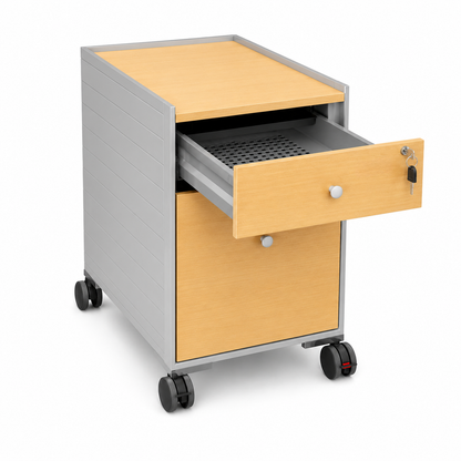 Vitra Spatio Rollcontainer aus Eichenholz mit Aluminiumkorpus, zwei Schubladen und Schloss auf Rollen.