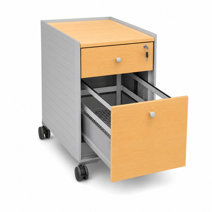 Vitra Spatio Rollcontainer in Eiche mit Aluminium-Korpus, zwei Schubladen und Schloss, Maße 44x67x60 cm.
