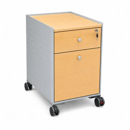 Vitra Spatio Rollcontainer in Eiche mit Aluminium-Korpus, zwei Schubladen und Schloss auf Rollen, 44x67x60 cm.