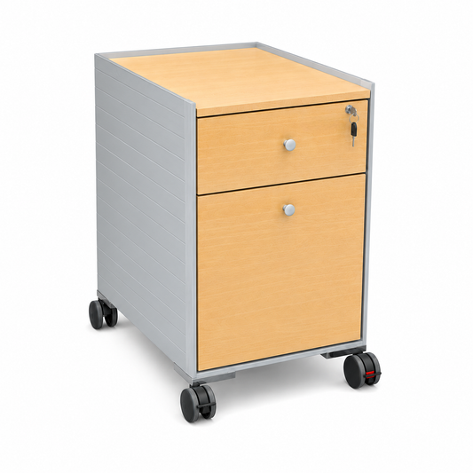 Vitra Spatio Rollcontainer in Eiche mit Aluminium-Korpus, zwei Schubladen und Schloss auf Rollen, 44x67x60 cm.