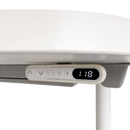 Weißes Vitra Tyde Schreibtisch-Bedienfeld mit digitaler Höhenanzeige und Memory-Funktion unter der Tischplatte.