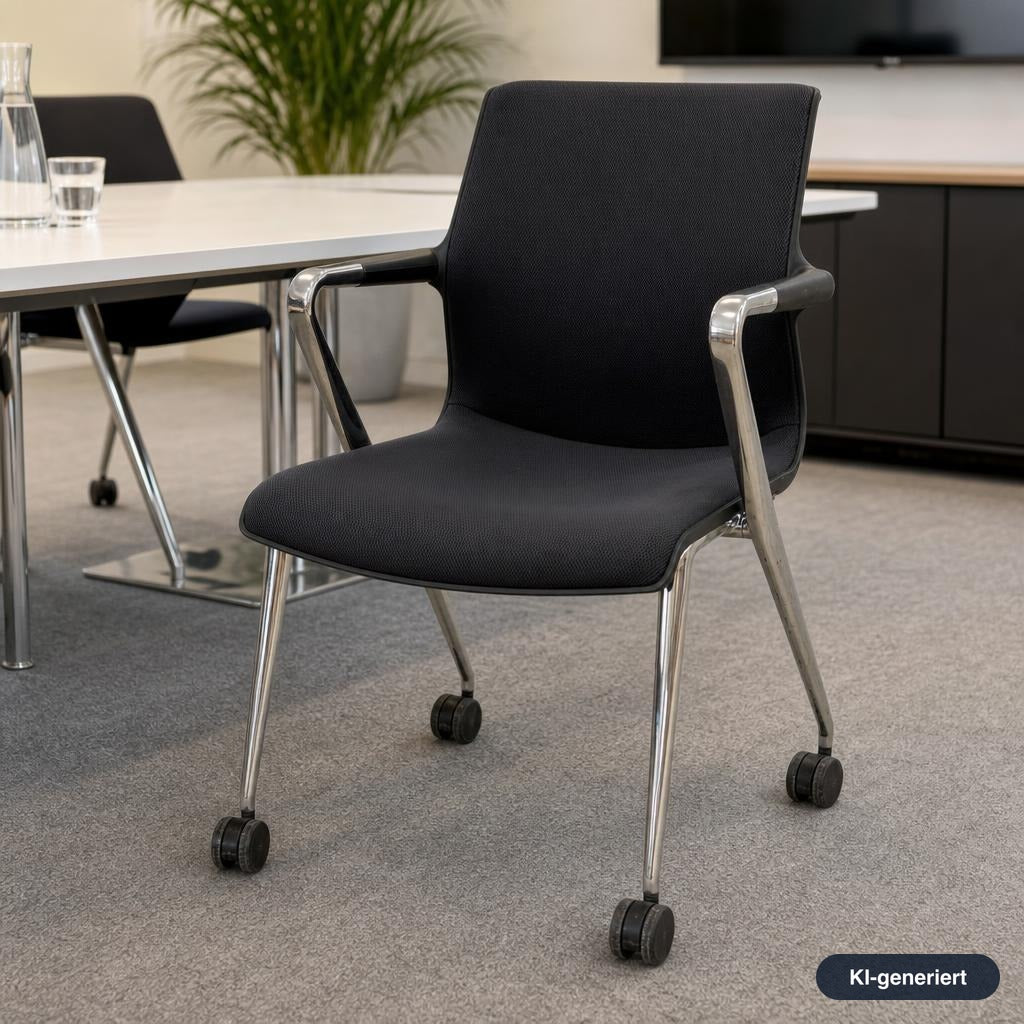 Vitra Unix Mesh Stuhl in Schwarz mit poliertem Aluminiumgestell auf Rollen im modernen Büro-Ambiente.