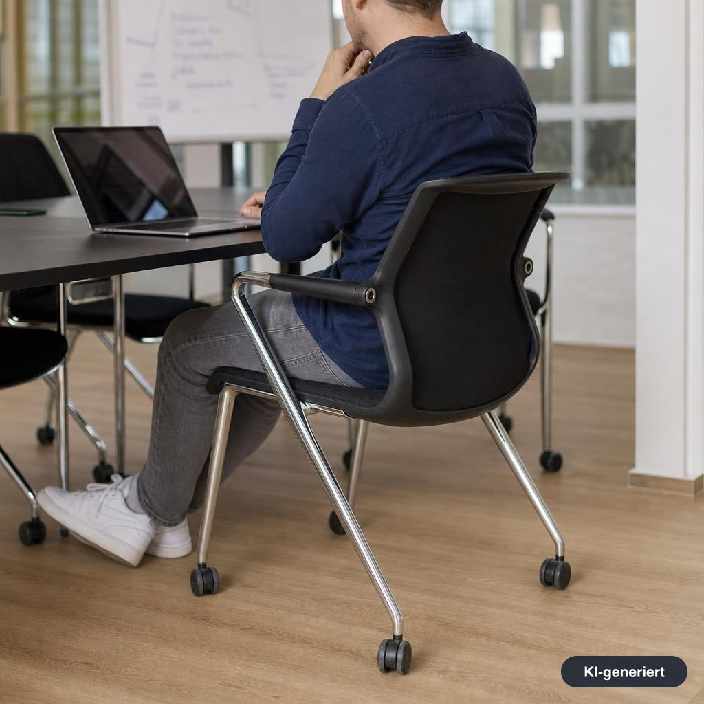 Schwarzer Vitra Unix Mesh Stuhl mit poliertem Aluminiumgestell auf Rollen, genutzt an einem Konferenztisch.