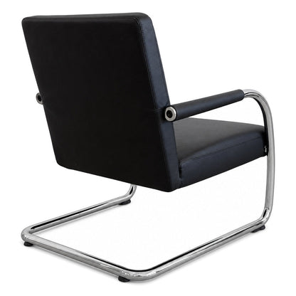 Vitra VisaLounge Sessel in schwarzem Leder mit verchromtem Freischwinger-Gestell und gepolsterten Armlehnen.