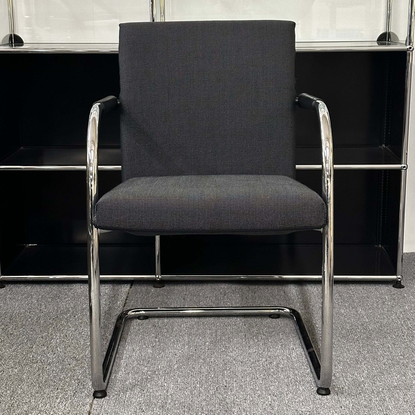 Vitra Visasoft visitor chair with black and gray fabric and chrome cantilever frame