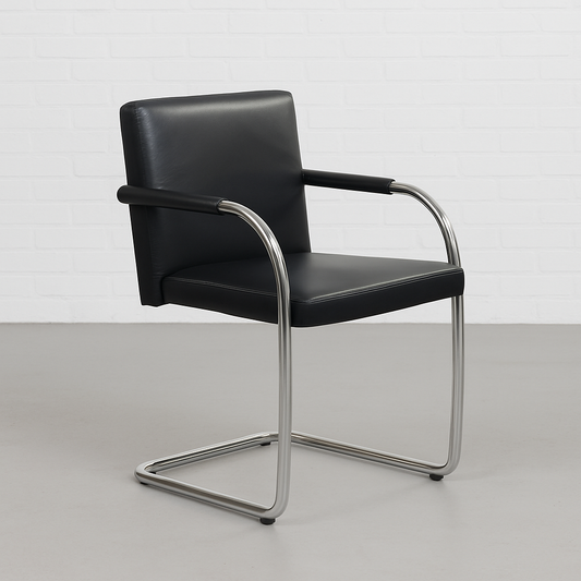 Vitra Visasoft Freischwinger mit schwarzem Lederbezug und Chromgestell