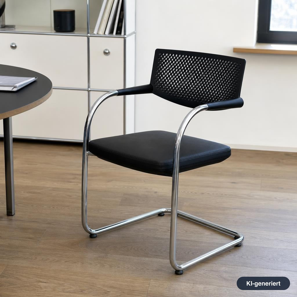 Vitra Visavis 2 Freischwinger mit schwarzer Ledersitzfläche, gelochter Kunststoff-Rückenlehne und verchromtem Stahlrohrgestell.