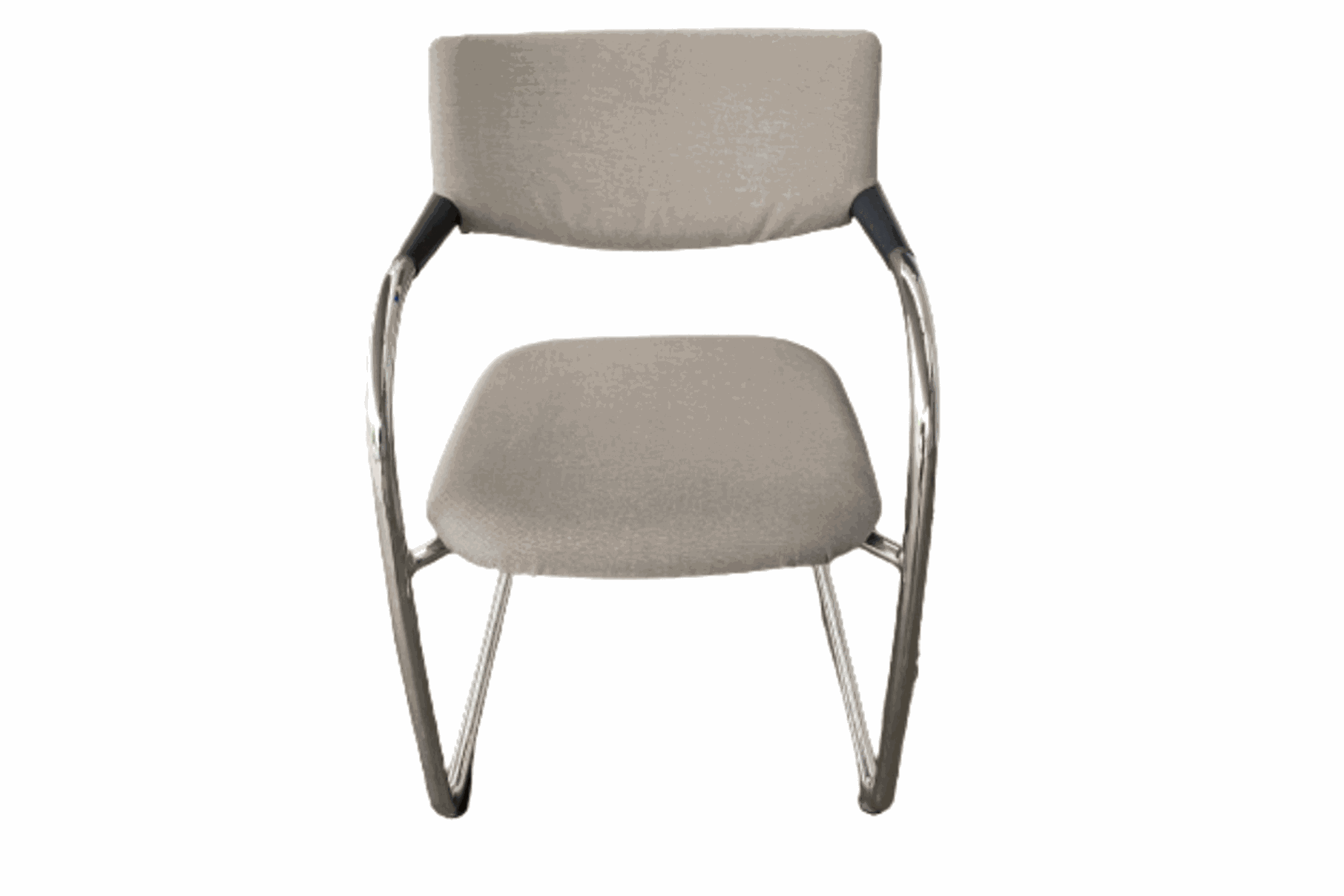 Vitra Visavis chair in light grey with padded backrest and seat on chrome frame