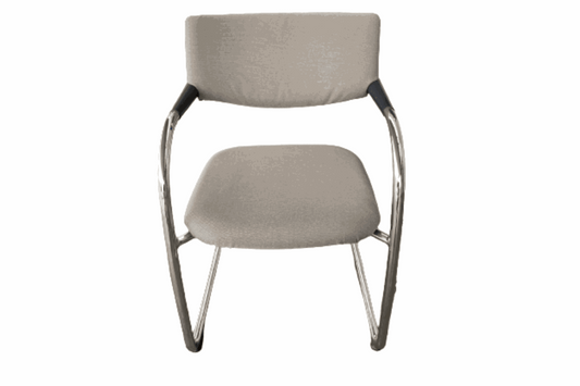 Vitra Visavis chair in light grey with padded backrest and seat on chrome frame
