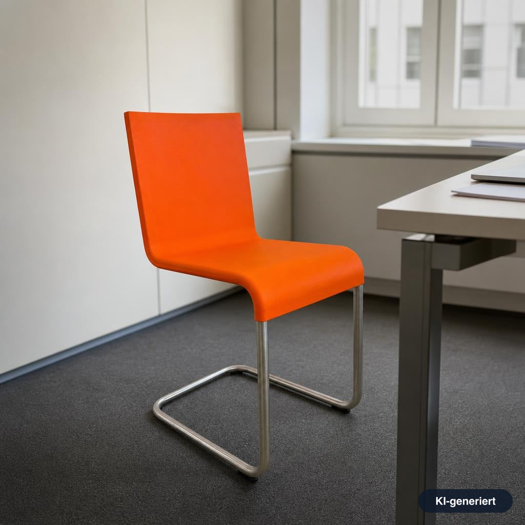Vitra .05 Freischwinger in Orange mit Kunststoff-Sitzschale und silbernem Aluminium-Gestell in einem Büro.