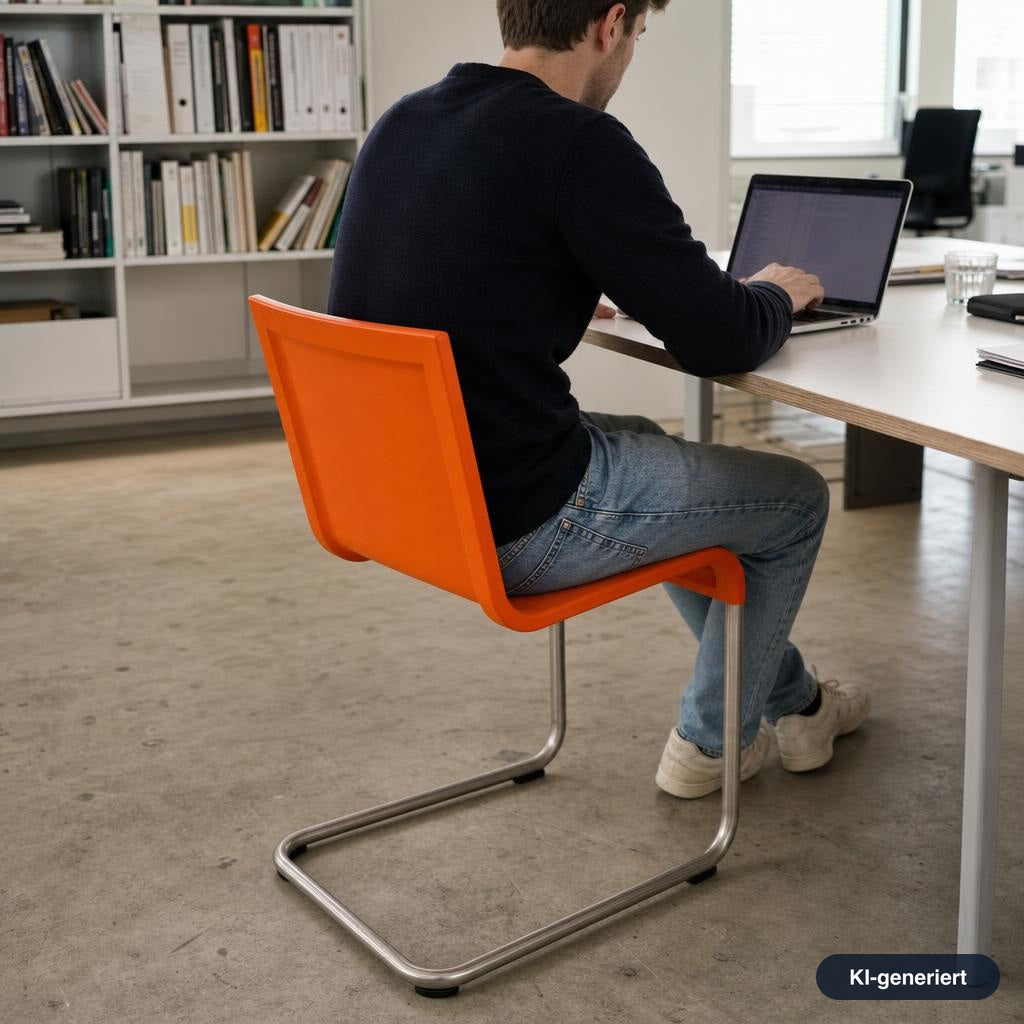 Vitra .05 Freischwinger in Orange mit Kunststoff-Sitzschale und mattem silbernem Aluminium-Gestell in einem Büro.