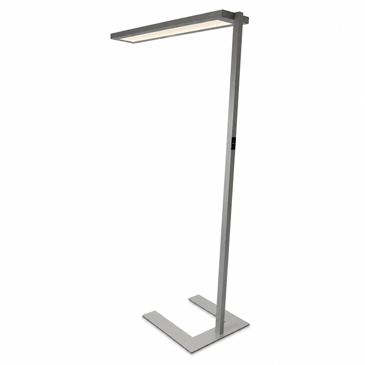 Silberne Waldmann Lavigo LED-Stehleuchte mit flachem Standfuß und modernem, minimalistischem Design.