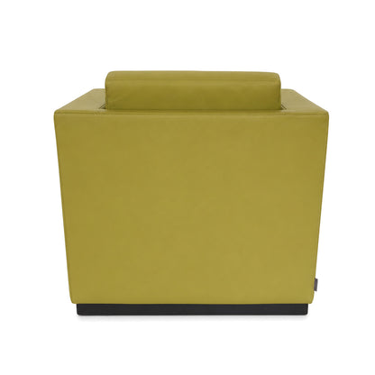 Walter Knoll Ledersessel in Gelb-Grün mit hochwertigem Rindsleder und schlichtem, modernem Design auf schwarzem Sockel.