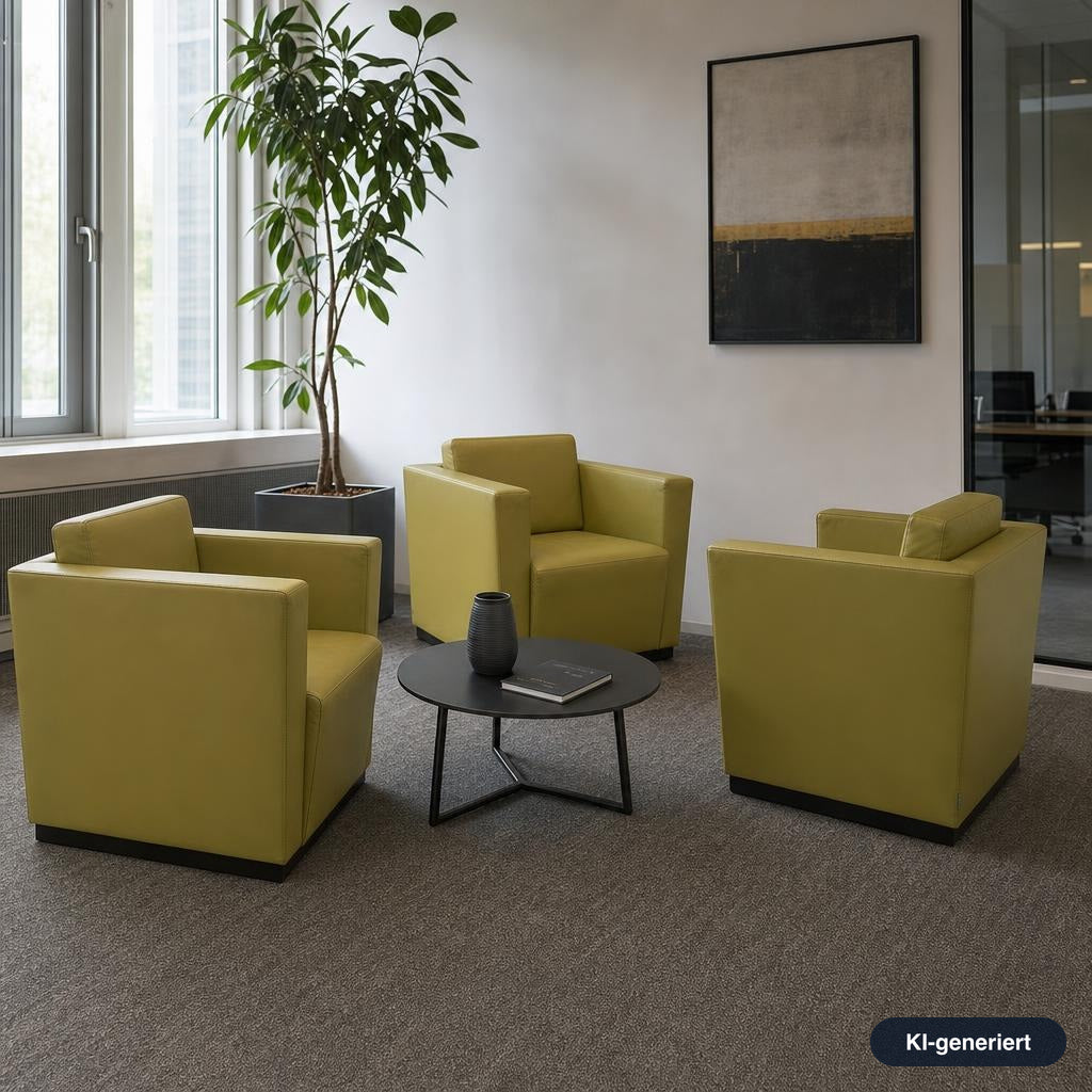 Drei moderne Walter Knoll Ledersessel in Gelb-Grün mit glattem Rindsleder und schwarzem Sockel um einen runden Couchtisch.