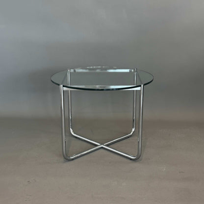 Walter Knoll MR Couchtisch Beistelltisch mit rundem Glas und verchromtem Edelstahlgestell, Design Ludwig Mies van der Rohe