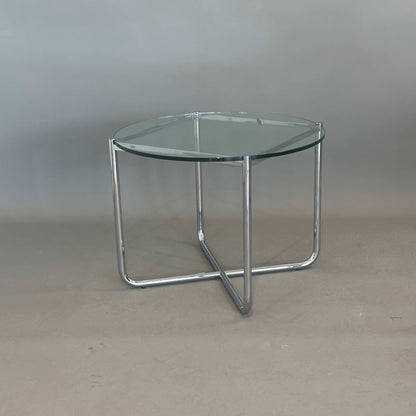 Walter Knoll MR Couchtisch mit chromglänzendem Edelstahlgestell und runder Glasplatte, Design von Ludwig Mies van der Rohe