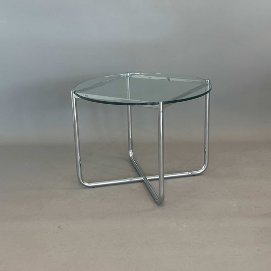 Walter Knoll MR Couchtisch mit chromglänzendem Edelstahlgestell und runder Glasplatte, Design von Ludwig Mies van der Rohe