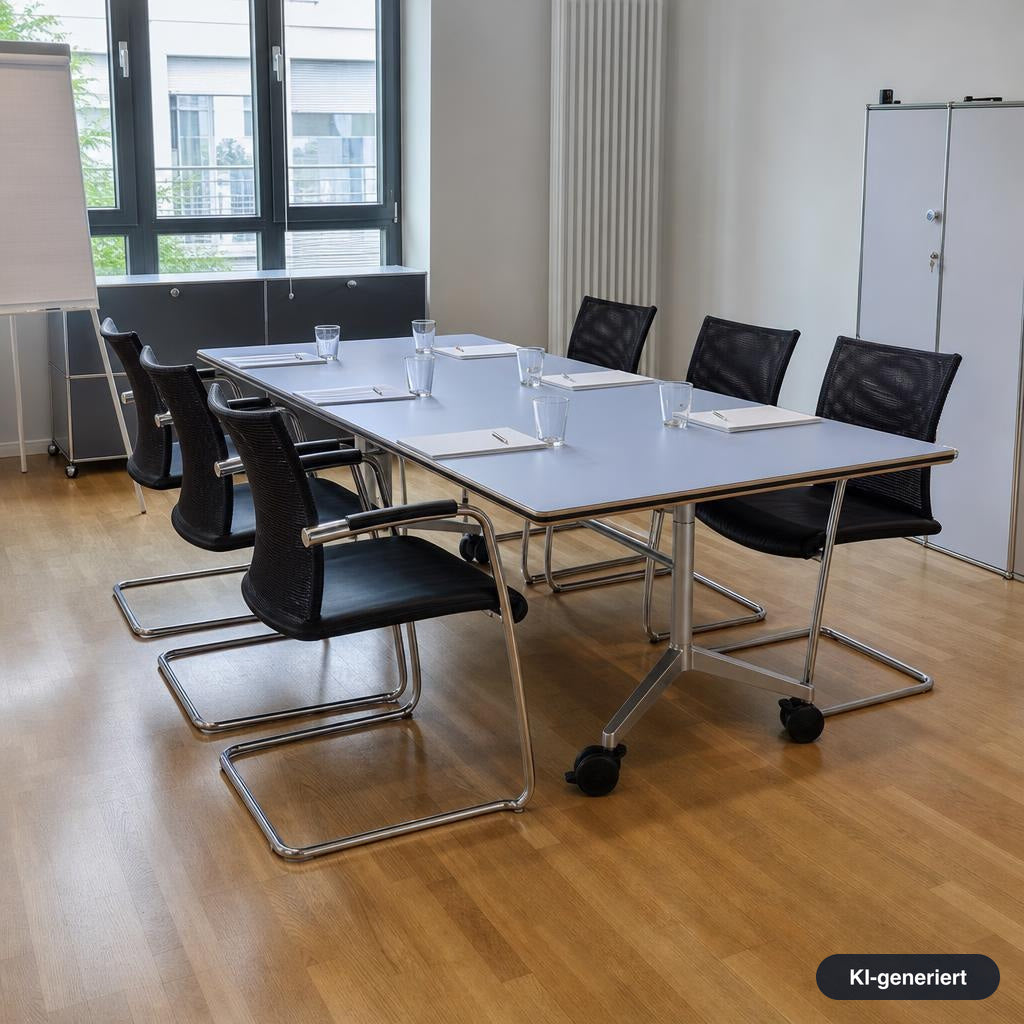 Wilkhahn Confair Falttisch 200x90cm mit hellgrauer Platte, silbernem Rollgestell und schwarzen Freischwinger-Bürostühlen.