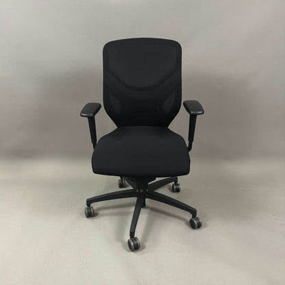 Wilkhahn IN ergonomic black office chair with adjustable height, 3D armrests, and soft wheels for hard floors