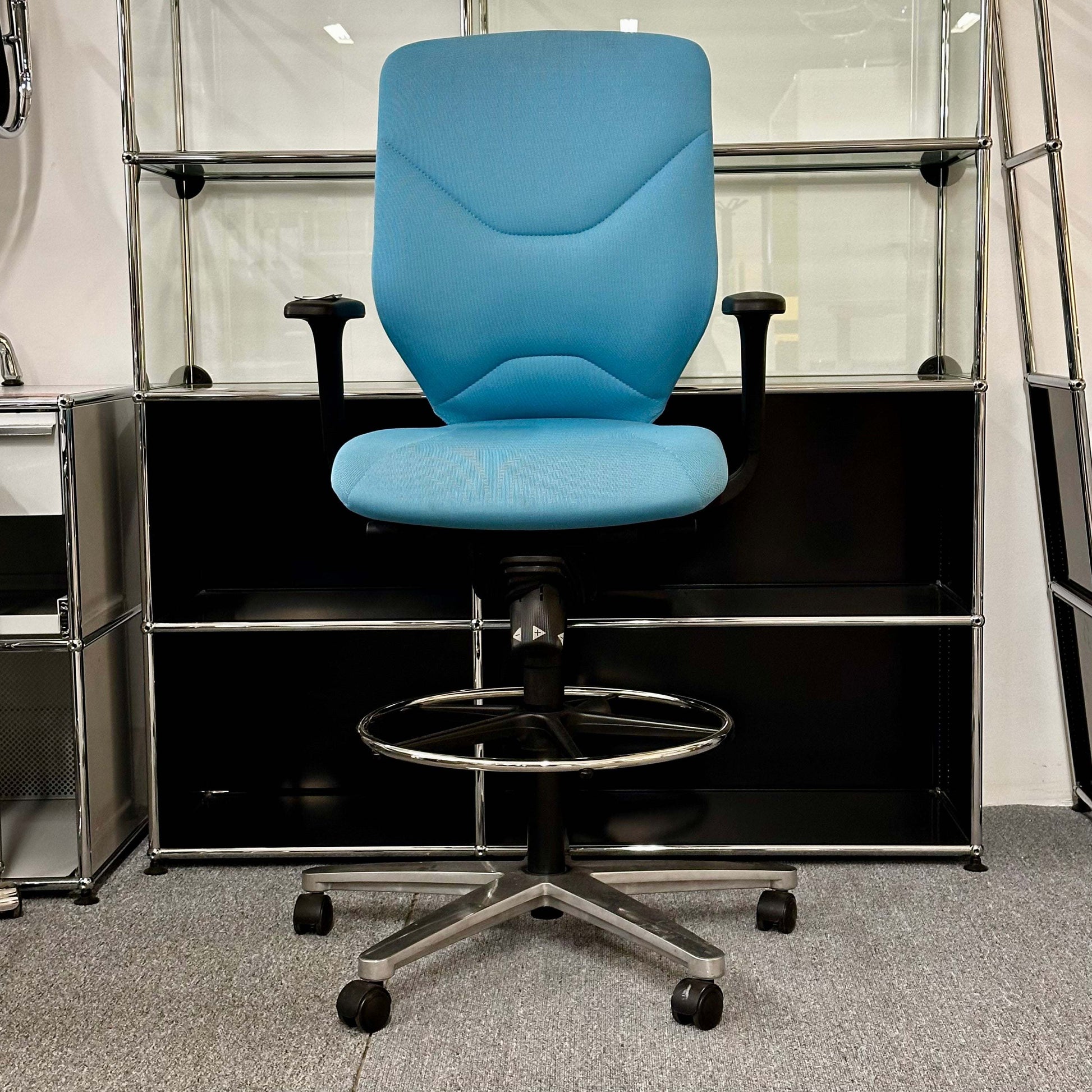 Blue Wilkhahn In 284/1 Counterstuhl ergonomic swivel office chair with elevated seat and footrest ring on caster wheels