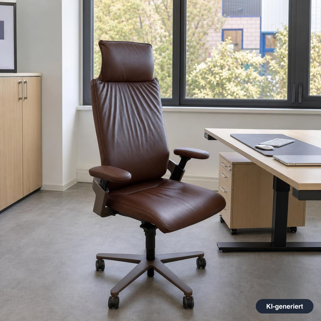 Wilkhahn ON Casual 175/74 Bürostuhl in kastanienbraunem Leder mit 3D-Armlehnen und ergonomischem Design.