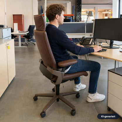 Wilkhahn ON Casual 175/74 Bürostuhl in kastanienbraunem Leder mit hoher Rückenlehne und 3D-Armlehnen in modernem Büro.