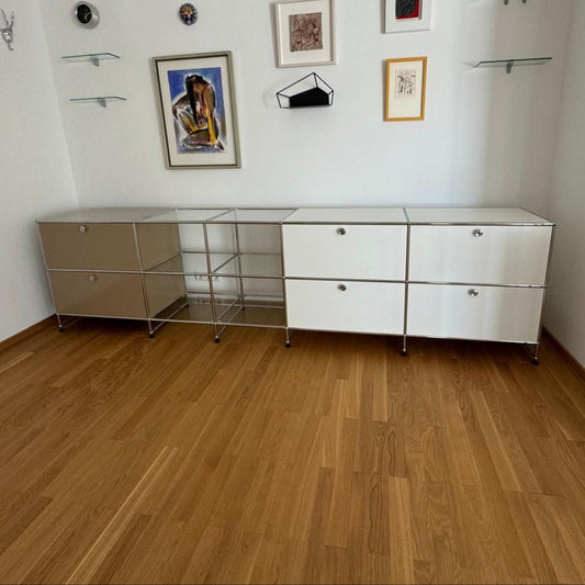 USM Haller Sideboard 5x2 beige / weiß / Glas (50cm tief)