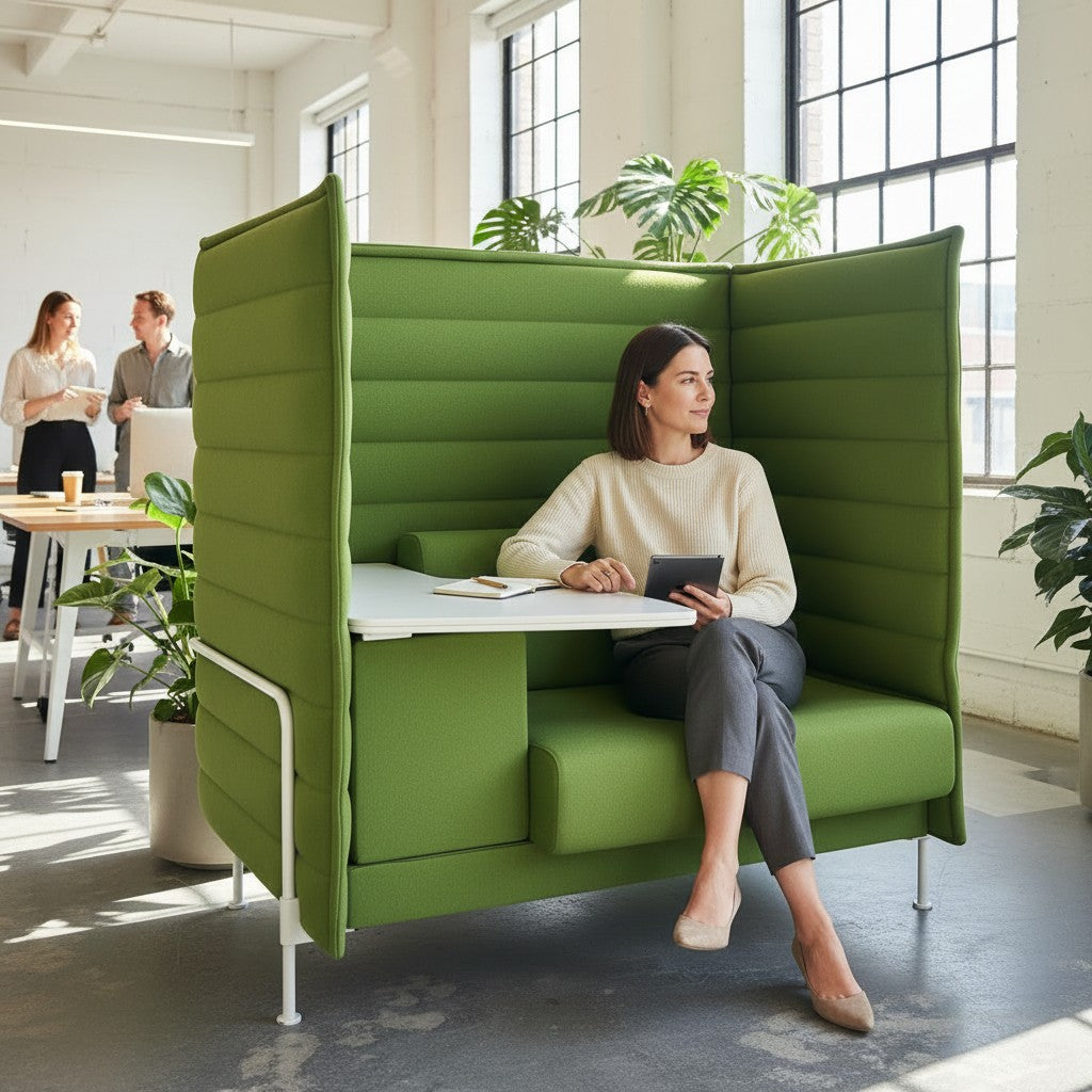 FLEX Büromöbel Alcove Highback Work Sitzkabine in Hellgrün mit integriertem Tisch, 100% recyceltem Polyester