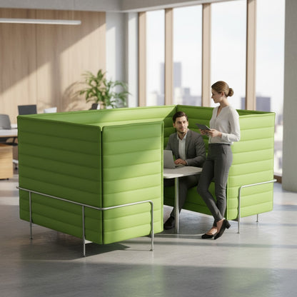 FLEX Büromöbel Vitra Alcove Cabin 4-Sitzer mit Tisch in Hellgrün, gepolstert, mit Chromgestell