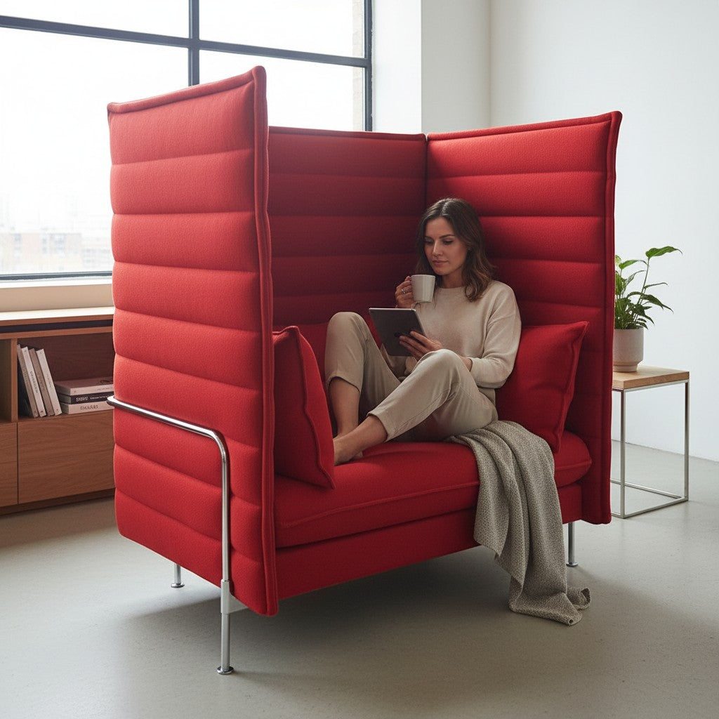 Vitra Alcove Highback Loveseat in rotem Stoffbezug mit gepolsterten Seitenpaneelen und zwei Kissen. 120 cm breit.