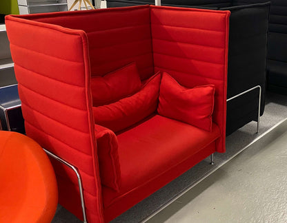 Red Vitra Alcove highback love seat with cushions and metal legs